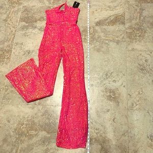 Hot pink sequin halter jumpsuit